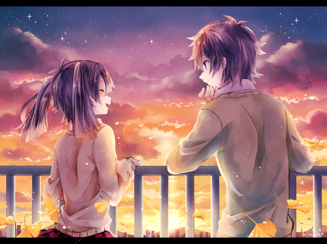 black_hair, clouds, enomoto_takane, kagerou_project, kokonose_haruka, leaves, male, school_uniform