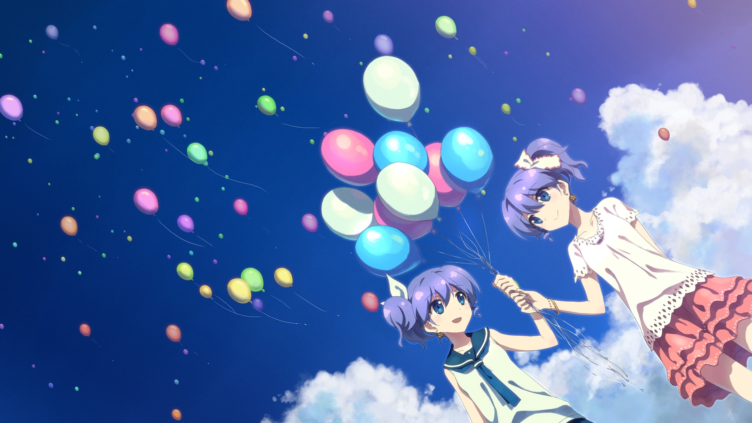 2girls, blue_eyes, blue_hair, clouds, dj_max, lady_made_star, nina_klatt, ponytail