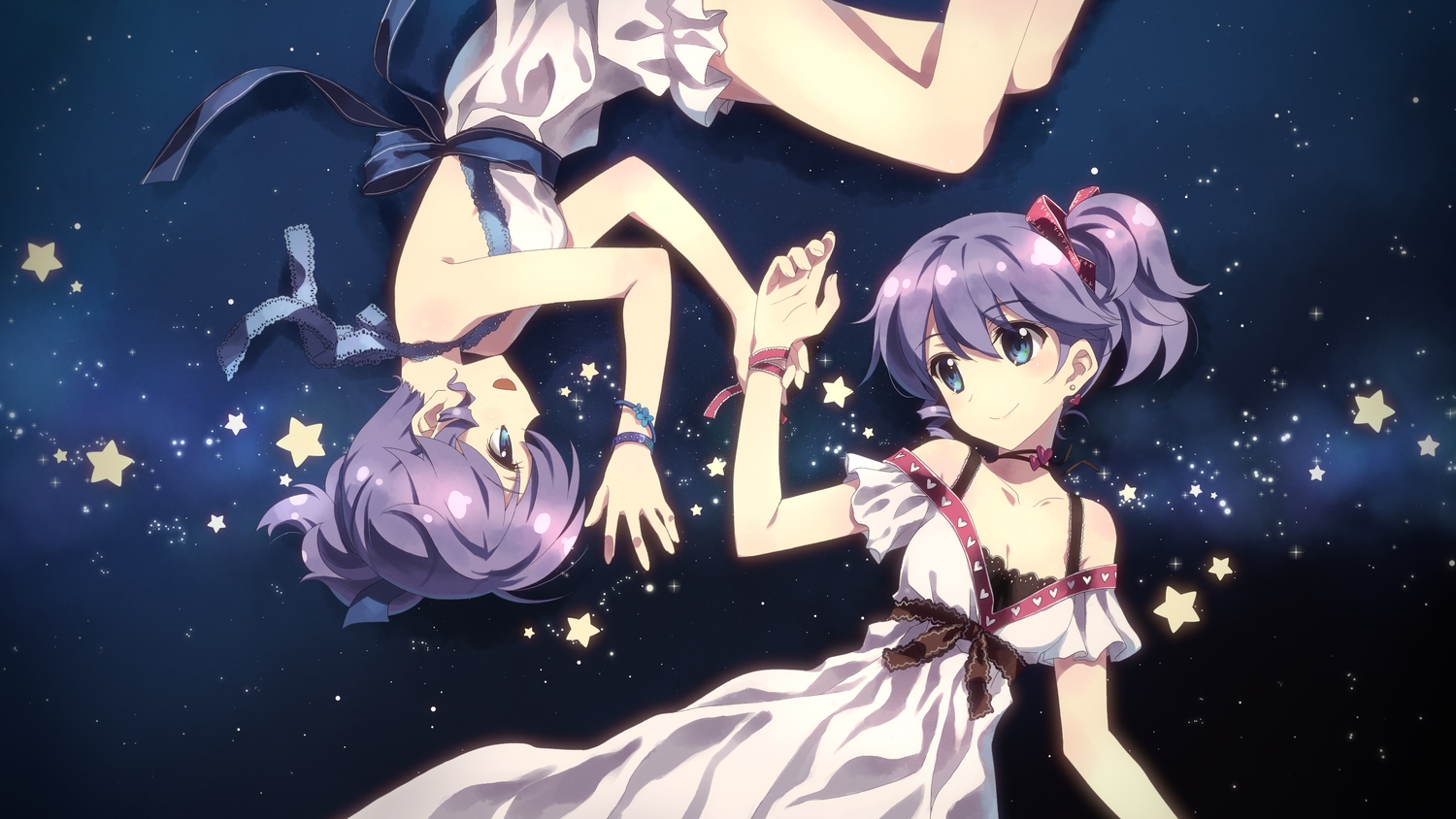 2girls, blue_eyes, dj_max, dress, lady_made_star, nina_klatt, ponytail, purple_hair