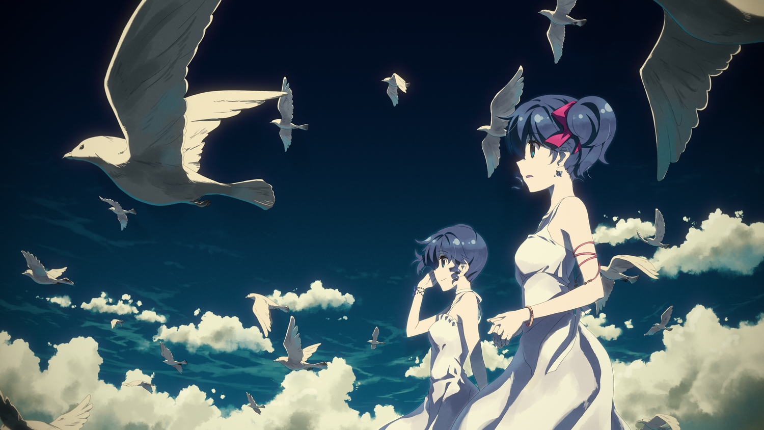 2girls, animal, bird, blue_hair, clouds, dj_max, dress, lady_made_star