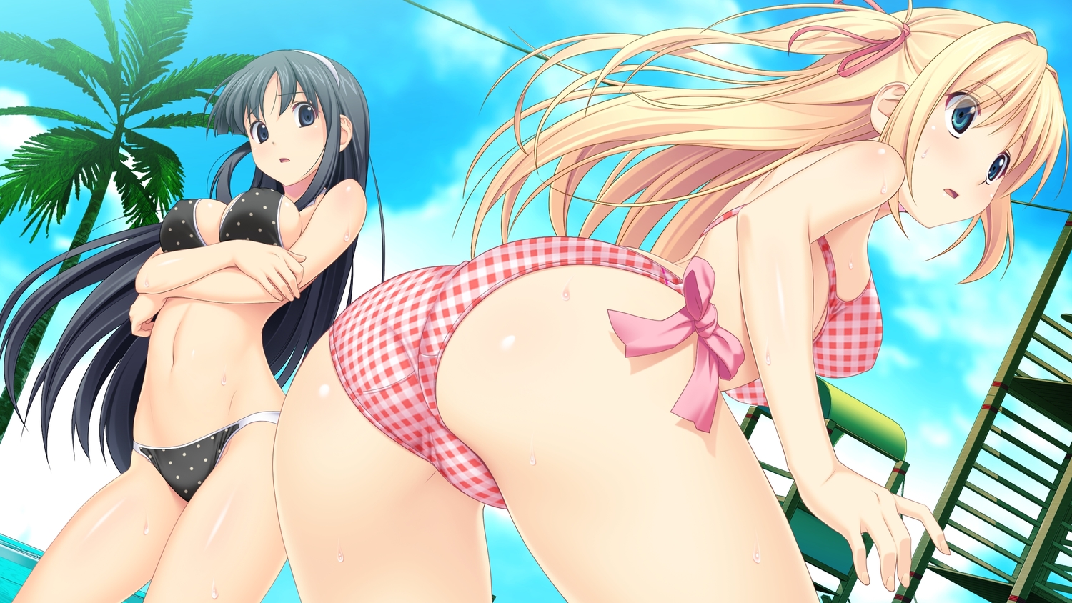 2girls, ass, bikini, black_hair, blonde_hair, breasts, fukami_nagisa, game_cg, kagurazaka_namine, koutaro, ribbons, swimsuit, tagme, tropical_vacation, twinkle