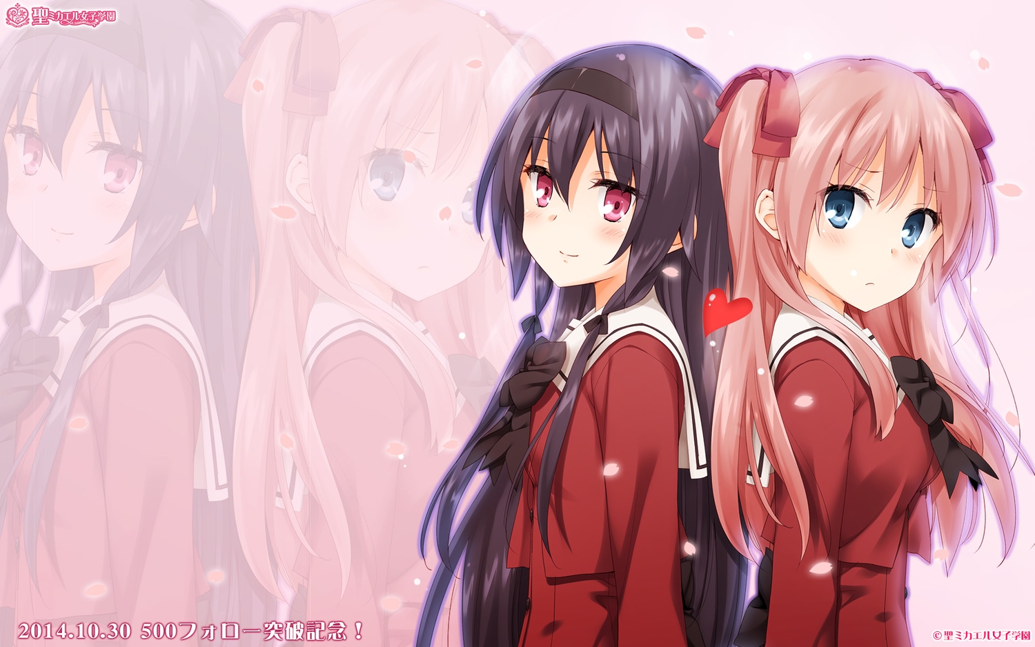 2girls, ayase_miya, azumi_risa, black_hair, blue_eyes, jpeg_artifacts, petals, pink_eyes, pink_hair, ribbons, school_uniform, sono_hanabira_ni_kuchizuke_wo, tagme, twintails, zoom_layer