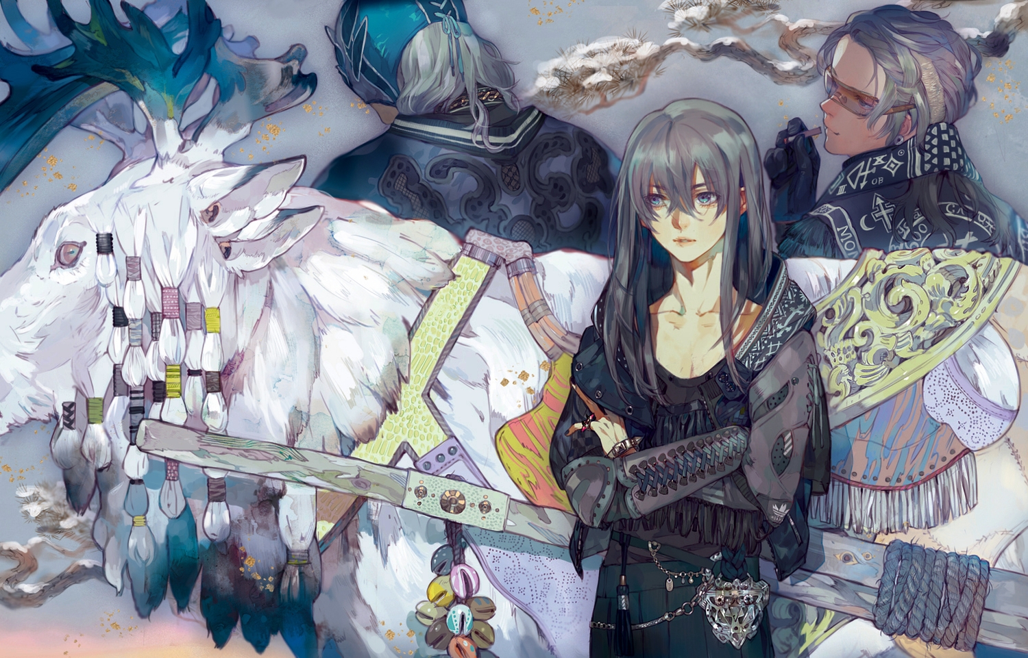 animal, aqua_hair, blue_eyes, cigarette, glasses, hat, long_hair, male, nishihara_isao, original