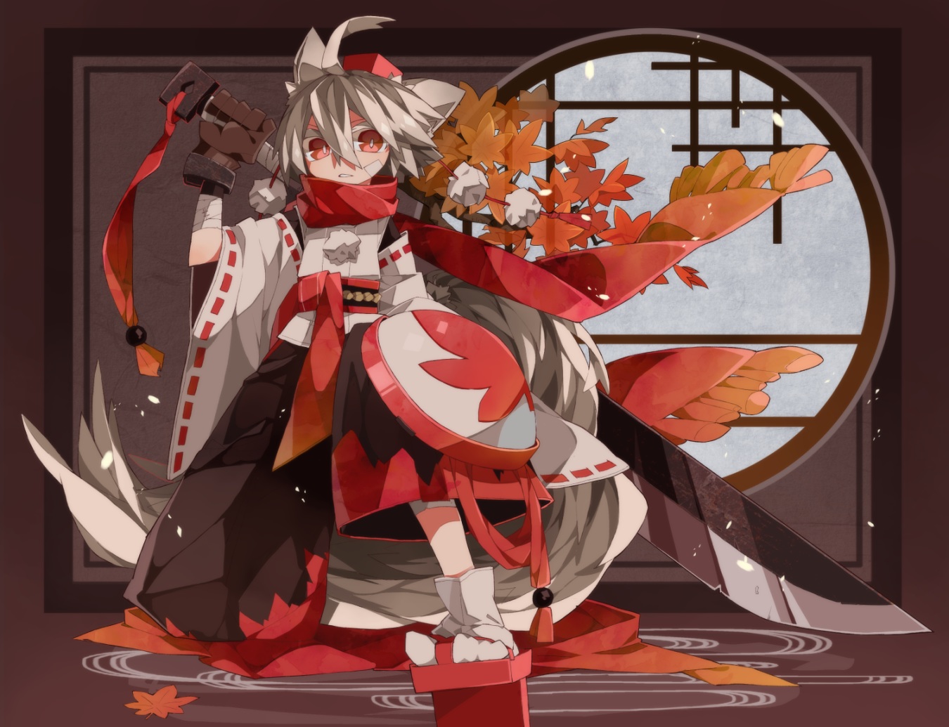 animal_ears, autumn, bandage, gloves, gray_hair, hat, inubashiri_momiji, japanese_clothes, leaves, red_eyes, ribbons, sam_58, scarf, short_hair, socks, sword, tail, touhou, weapon, wolfgirl