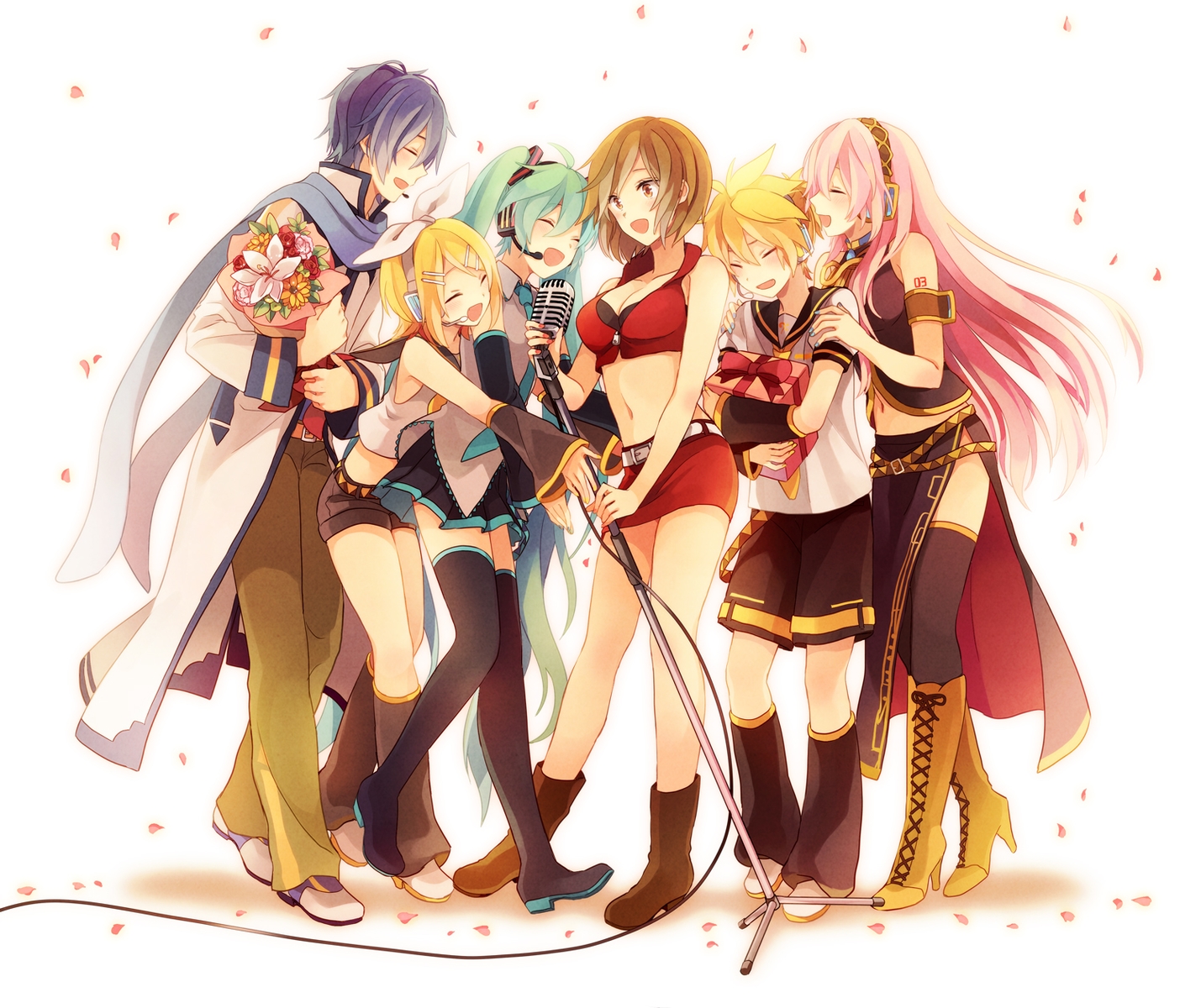 akiyoshi_(tama-pete), aqua_hair, blonde_hair, blue_hair, boots, breasts, brown_eyes, brown_hair, cleavage, flowers, group, hatsune_miku, headphones, kagamine_len, kagamine_rin, kaito, long_hair, male, megurine_luka, meiko, microphone, navel, petals, pink_hair, scarf, short_hair, shorts, skirt, thighhighs, twintails, vocaloid