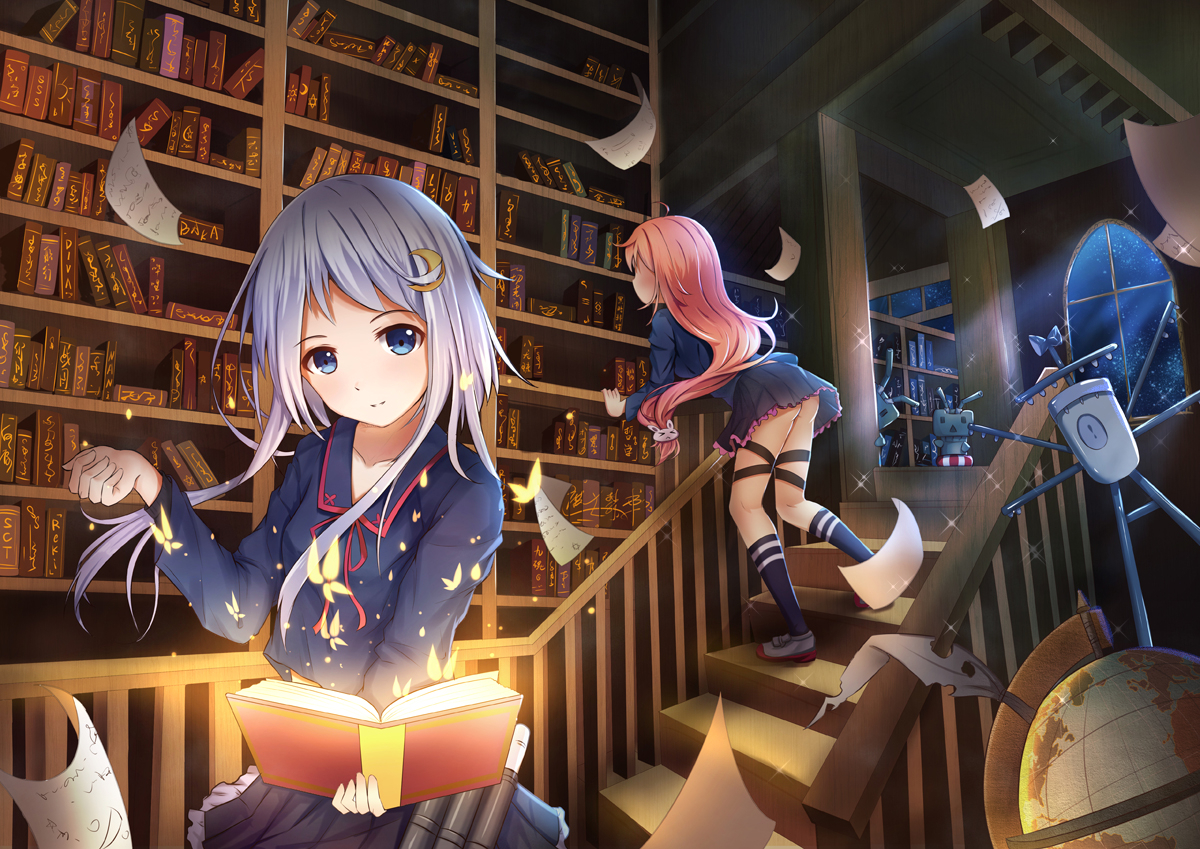 2girls, anthropomorphism, ass, blue_eyes, blush, book, byakuya_reki, kantai_collection