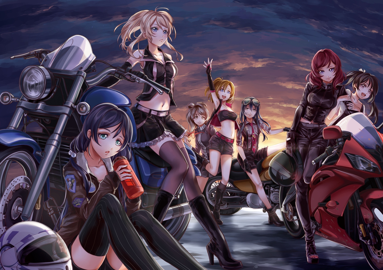 ayase_eri, black_hair, blonde_hair, blue_eyes, boots, brown_hair, drink, goggles, green_eyes, group, kneehighs, kousaka_honoka, long_hair, love_live!_school_idol_project, minami_kotori, motorcycle, navel, nishikino_maki, nye, ponytail, red_hair, short_hair, shorts, skirt, sonoda_umi, thighhighs, tie, toujou_nozomi, twintails, yazawa_nico