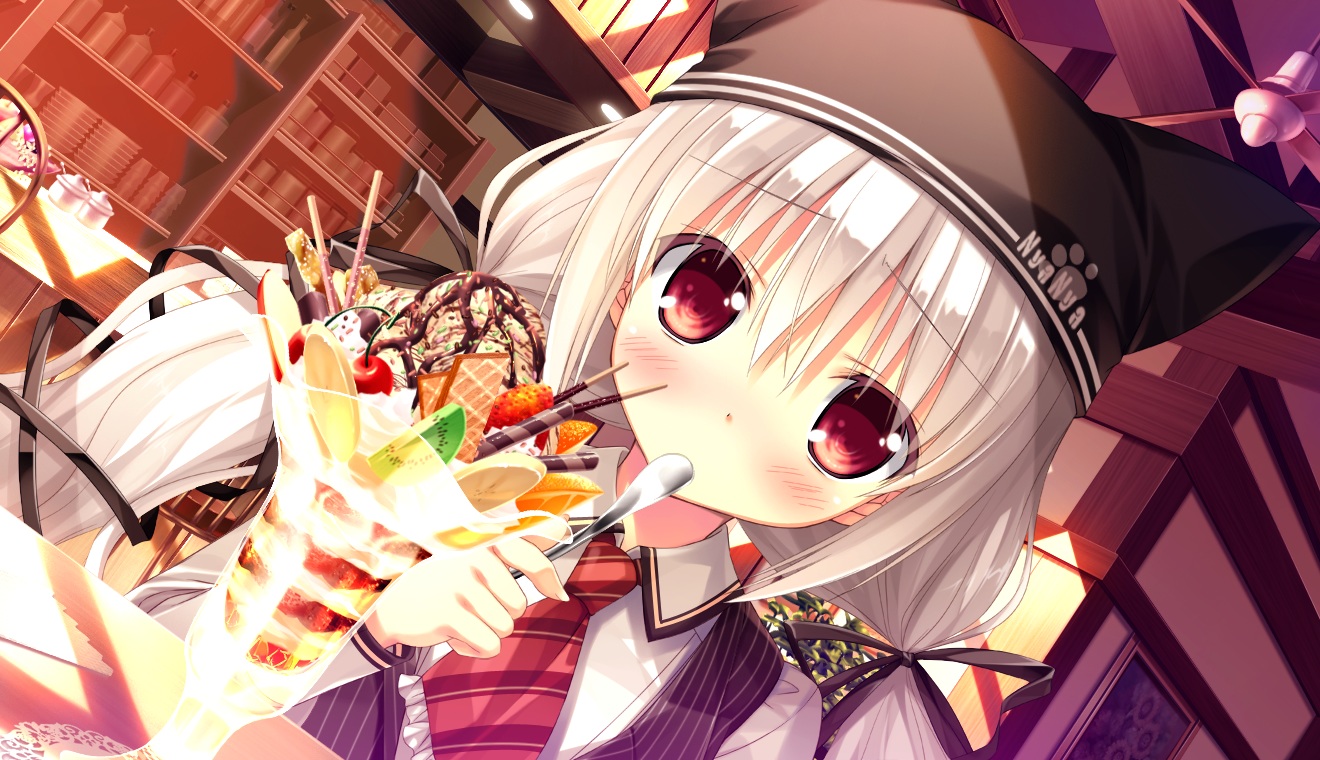 ashishun, blush, food, fruit, game_cg, ice_cream, long_hair, marmalade