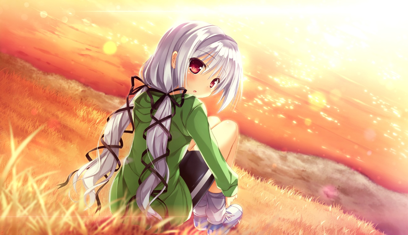 ashishun, bike_shorts, blush, game_cg, grass, long_hair, marmalade, primal_x_hearts
