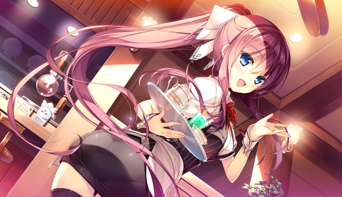 ashishun, ass, blue_eyes, drink, game_cg, komagata_yuzuki, long_hair, marmalade, ponytail, primal_x_hearts, red_hair, thighhighs, twintails, waitress, wristwear