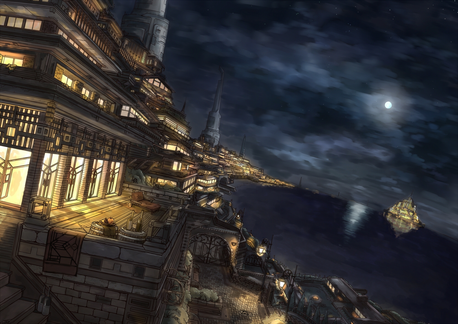 apple, building, city, drink, food, fruit, moon, night, no_humans, original, scenic, sky, stairs, stars, sylvia_(sy-l-via), water