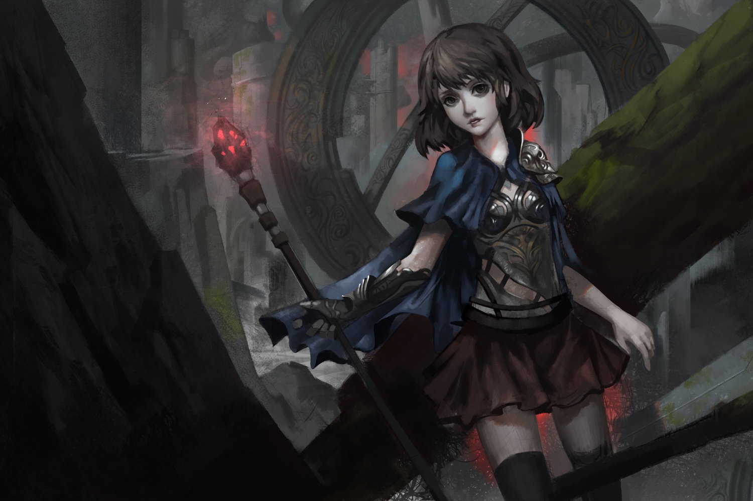 armor, baka_(mh6516620), brown_eyes, brown_hair, cape, mage, original, short_hair