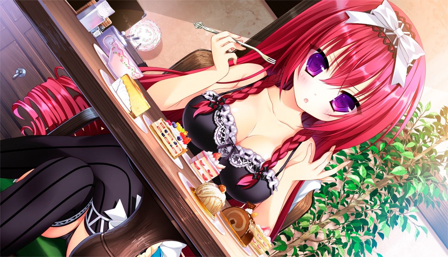 bow, braids, breasts, cake, cleavage, drink, food, game_cg, headband, long_hair, mayoeru_futari_to_sekai_no_subete, mizunomiya_nana, purple_eyes, red_hair, thighhighs, youta