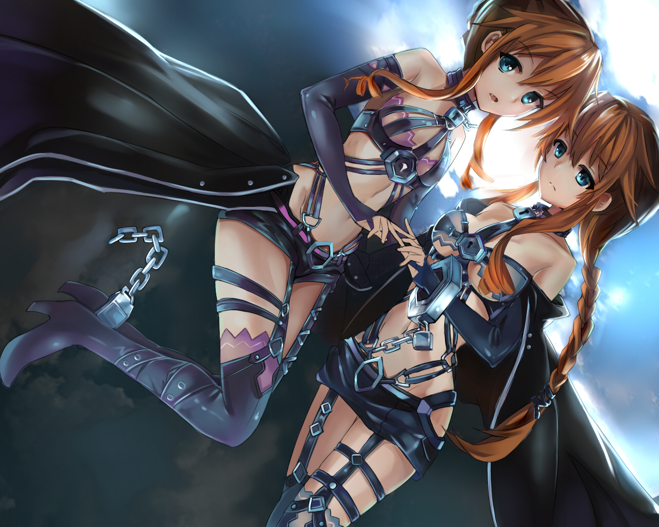 2girls, blue_eyes, boots, braids, brown_hair, chain, collar, date_a_live, f6765196, long_hair, navel, shackles, thighhighs, twins, yamai_kaguya, yamai_yuzuru