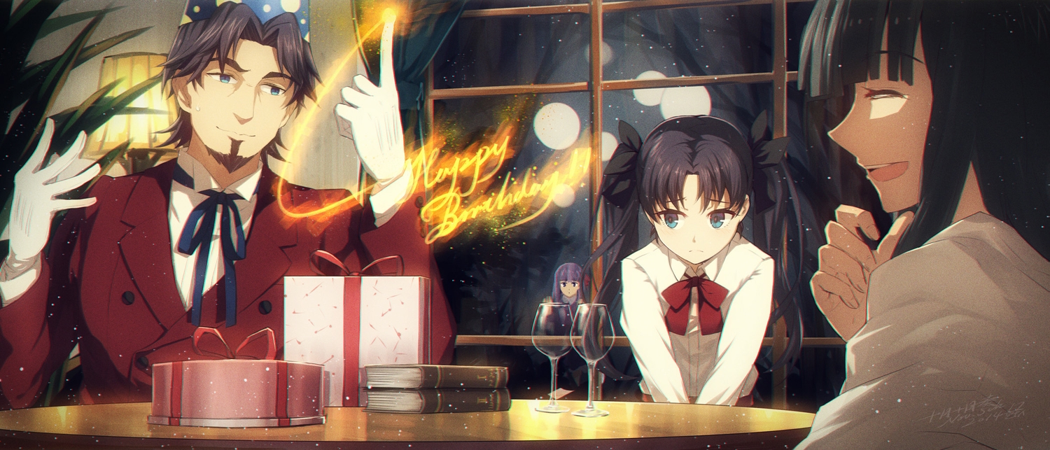 black_hair, blue_eyes, book, bow, fate_(series), fate/stay_night, fate/zero, gloves