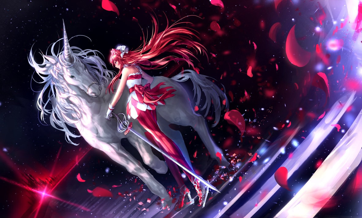 animal, bow, dress, gloves, headdress, horse, irua, long_hair, pantyhose, petals, pretty_rhythm_rainbow_live, red_hair, renjouji_beru, sword, unicorn, weapon
