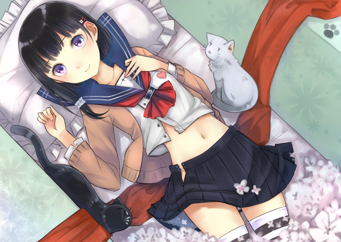 animal, black_hair, cat, flowers, navel, original, purple_eyes, school_uniform, short_hair, skirt, umasanjin, zettai_ryouiki