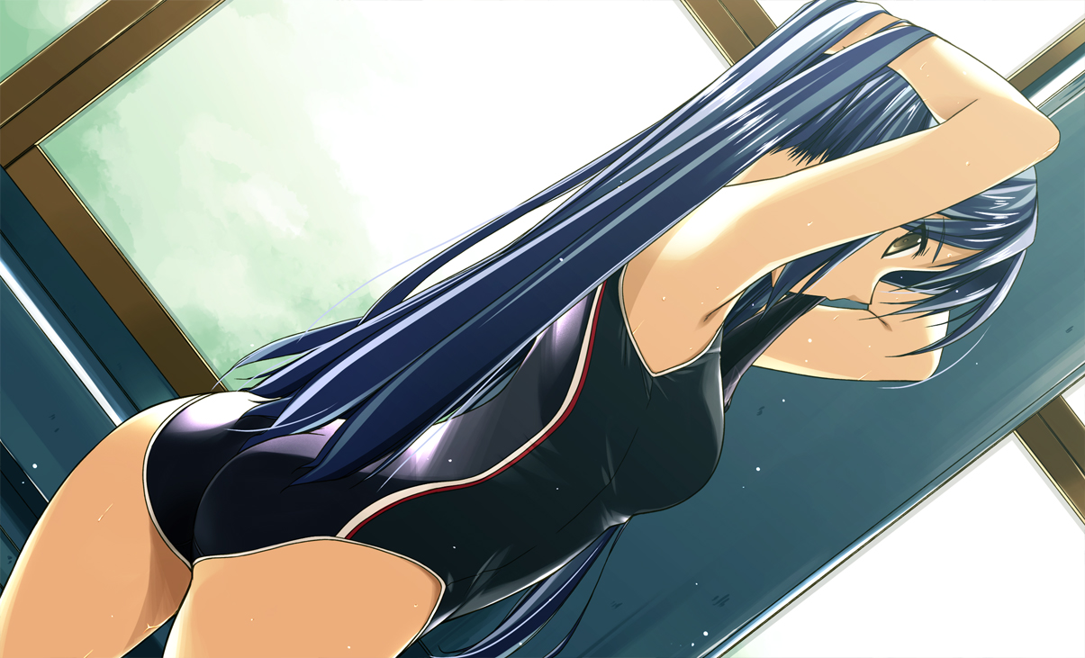 blue_hair, brown_eyes, eiyuu_densetsu, laura_s_arseid, long_hair, school_swimsuit, sen_no_kiseki, shikei, swimsuit