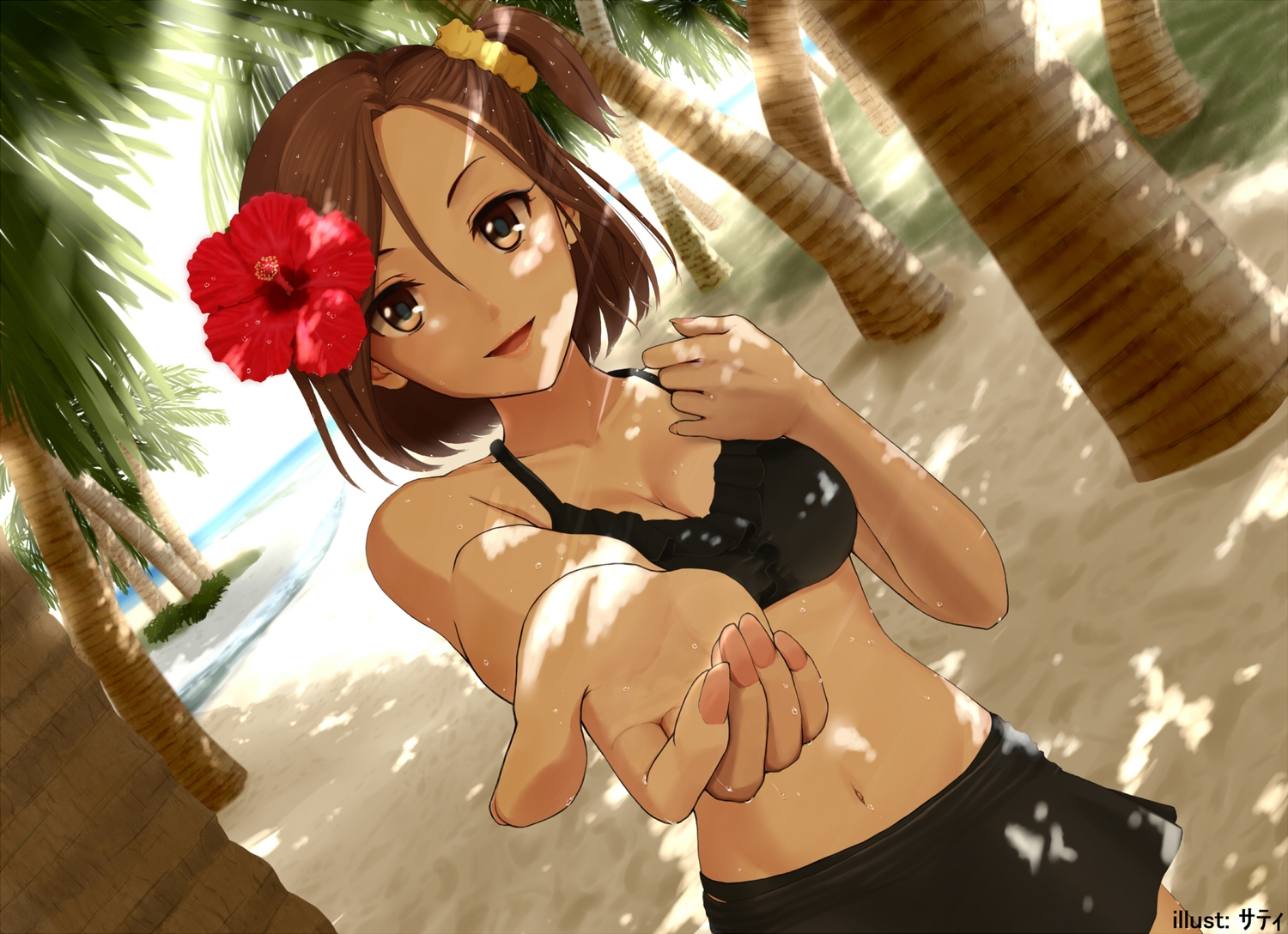 bikini, breasts, brown_eyes, brown_hair, cleavage, flowers, futami_mami, idolmaster, idolmaster_cinderella_girls, navel, ponytail, saty-rokuji, short_hair, swimsuit, tree