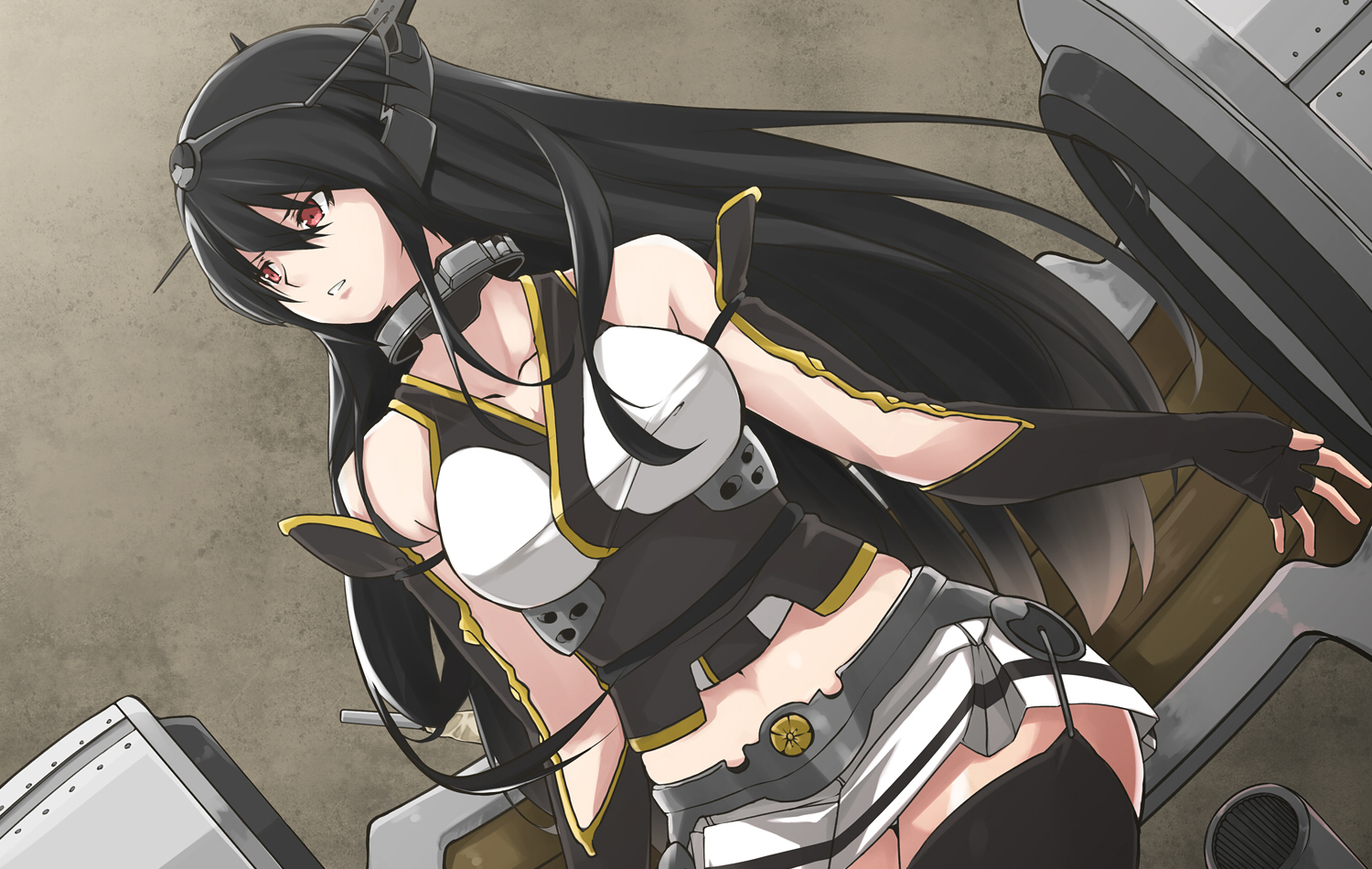 anthropomorphism, black_hair, blush, elbow_gloves, gloves, kantai_collection, long_hair, nagato_(kancolle)