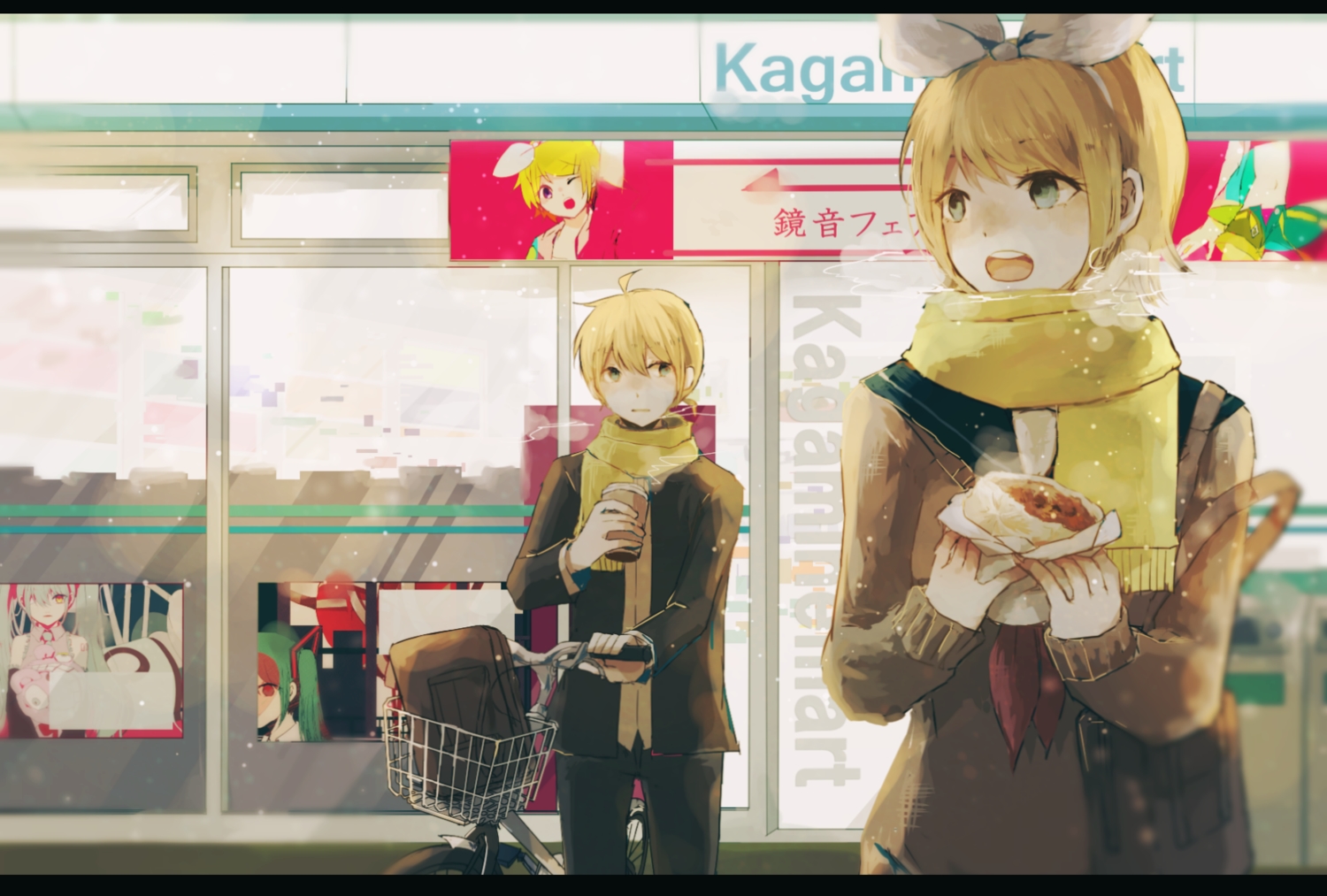 blonde_hair, danjou_sora, drink, food, green_eyes, hatsune_miku, kagamine_len, kagamine_rin