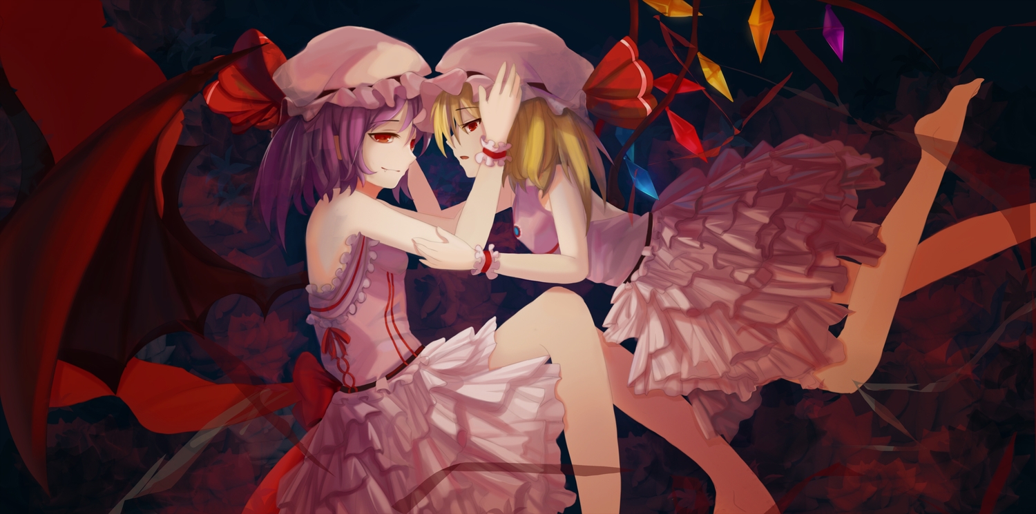 2girls, blonde_hair, blue_hair, dress, flandre_scarlet, hat, magician_(artist), red_eyes