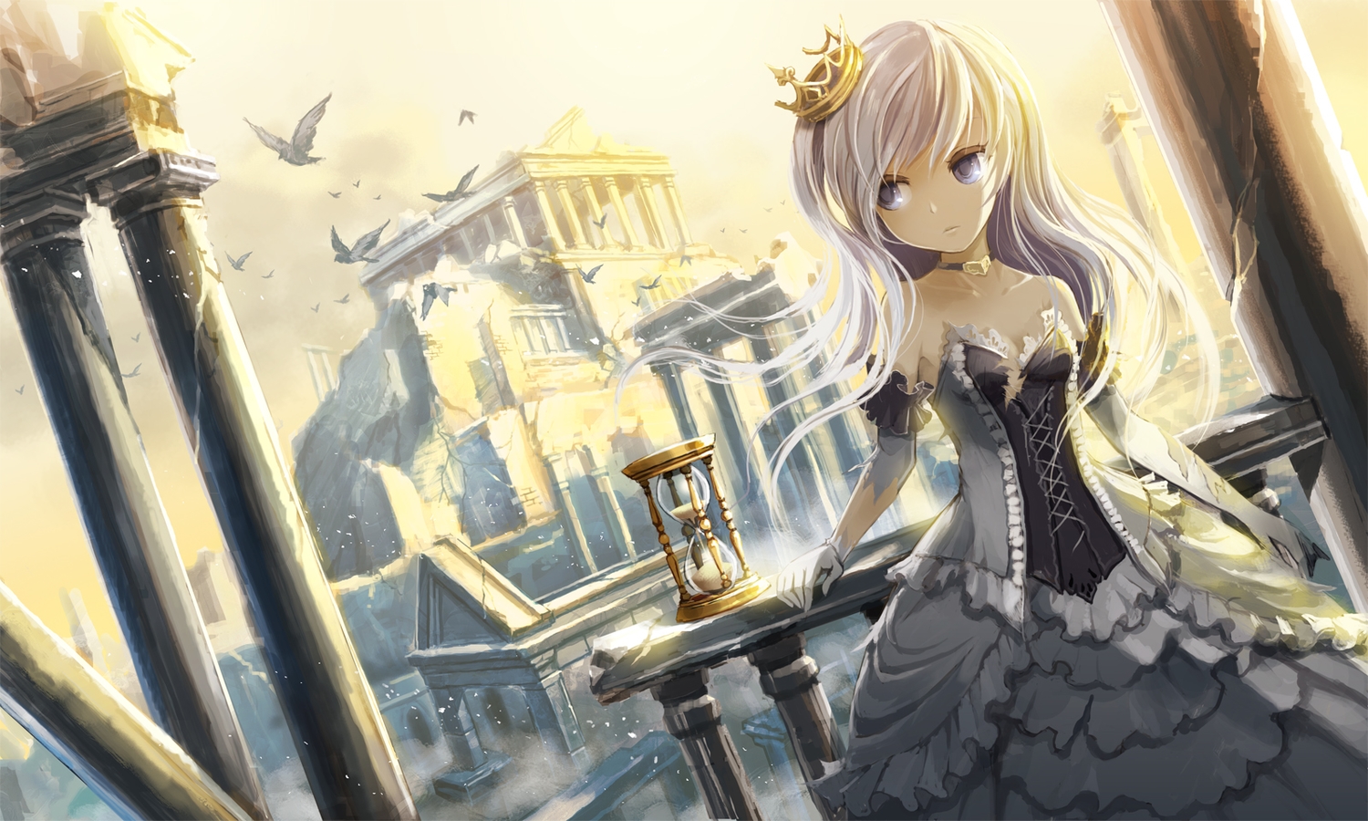 animal, bird, building, choker, crown, dress, elbow_gloves, gloves, gray_eyes, original, ume_(illegal_bible), white_hair