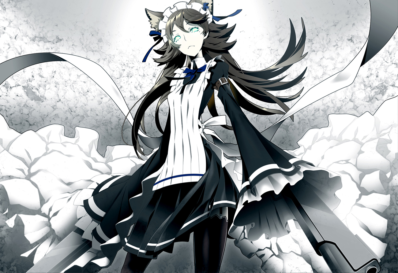 animal_ears, black_hair, blue_eyes, bow, catgirl, gun, headdress, kimdazzi, long_hair, maid, original, pantyhose, skirt, weapon