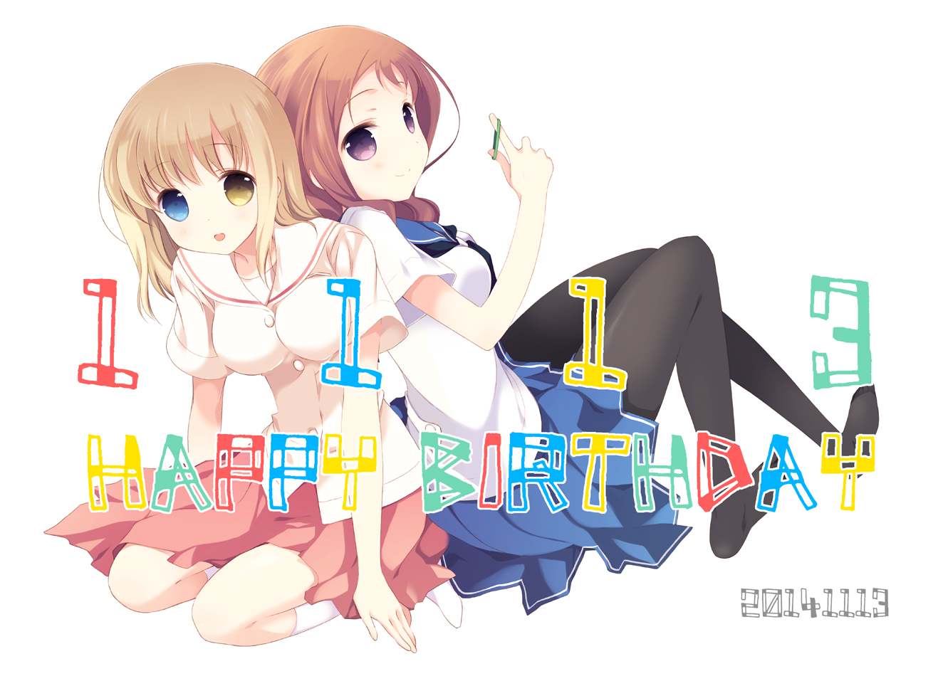 2girls, bicolored_eyes, brown_hair, fukuji_mihoko, kneehighs, long_hair, pantyhose, purple_eyes
