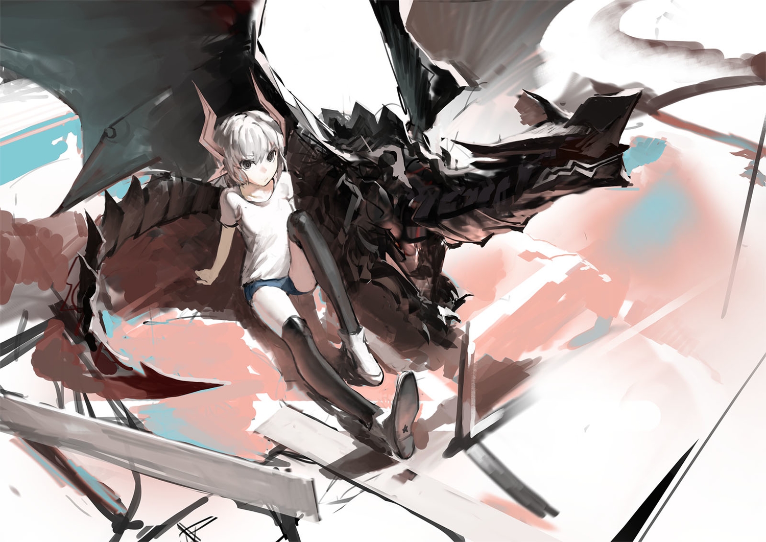 aituoku_(twh), black_eyes, mecha, original, short_hair, shorts, thighhighs, white_hair