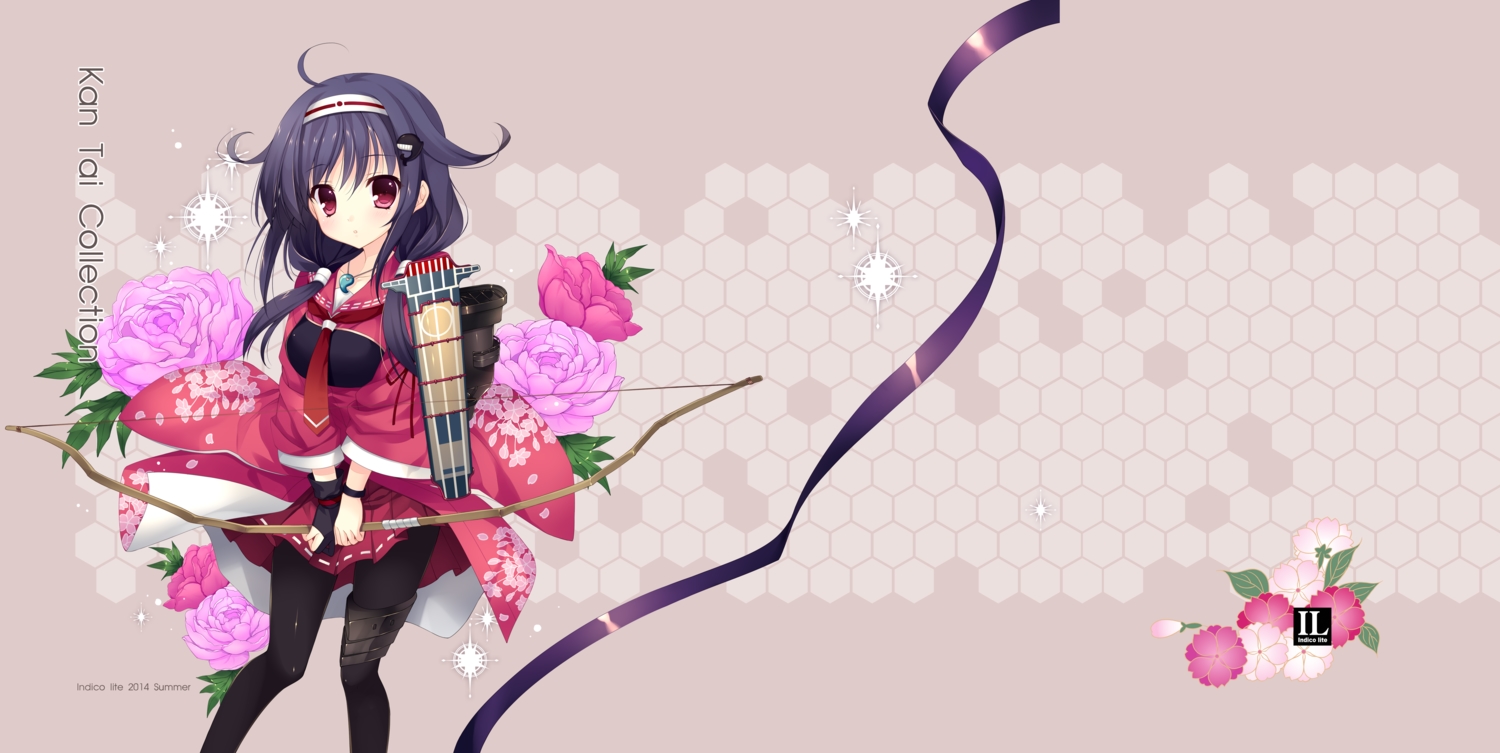 anthropomorphism, black_hair, bow_(weapon), flowers, gloves, headband, kantai_collection, lolita_fashion