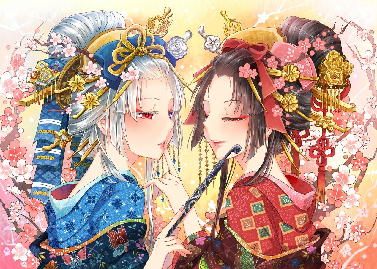 2girls, aliasing, bicolored_eyes, brown_hair, flowers, gray_hair, headdress, japanese_clothes