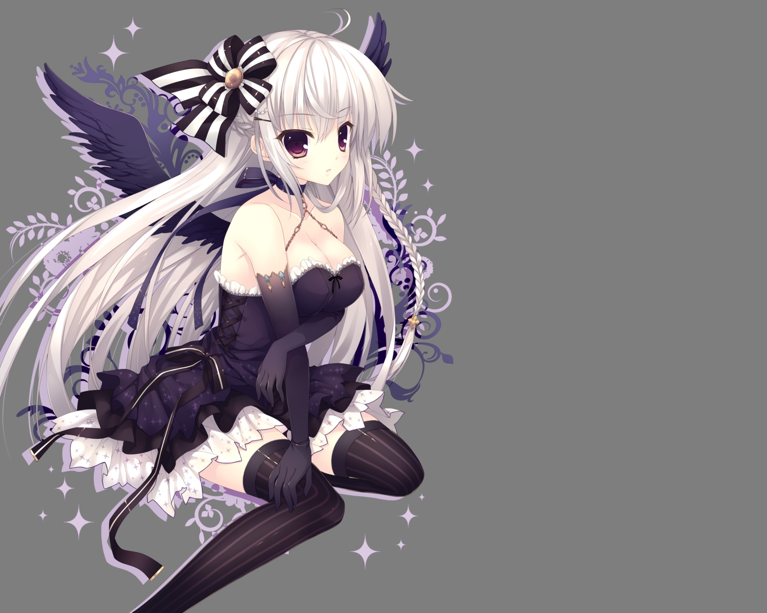 breasts, cleavage, dress, elbow_gloves, gloves, gray_hair, indico_lite, long_hair, mitha, original, thighhighs, transparent, wings