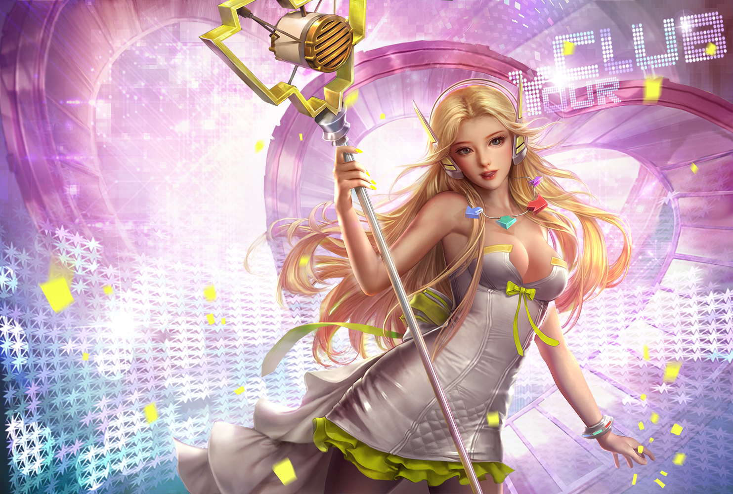 blonde_hair, blue_eyes, bow, breasts, cleavage, dress, hao6578300, league_of_legends, long_hair, luxanna_crownguard, microphone, necklace, no_bra, pantyhose, realistic, wristwear