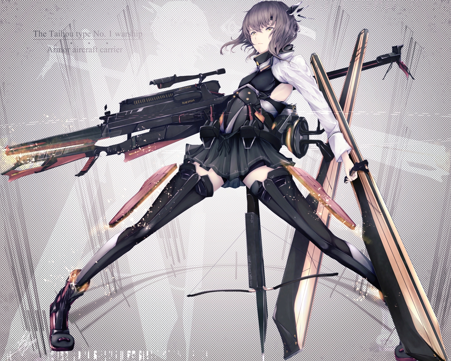 anthropomorphism, bike_shorts, bow_(weapon), brown_hair, flat_chest, gun, kantai_collection, marumoru, short_hair, shorts, skirt, spread_legs, taihou_(kancolle), thighhighs, weapon, yellow_eyes