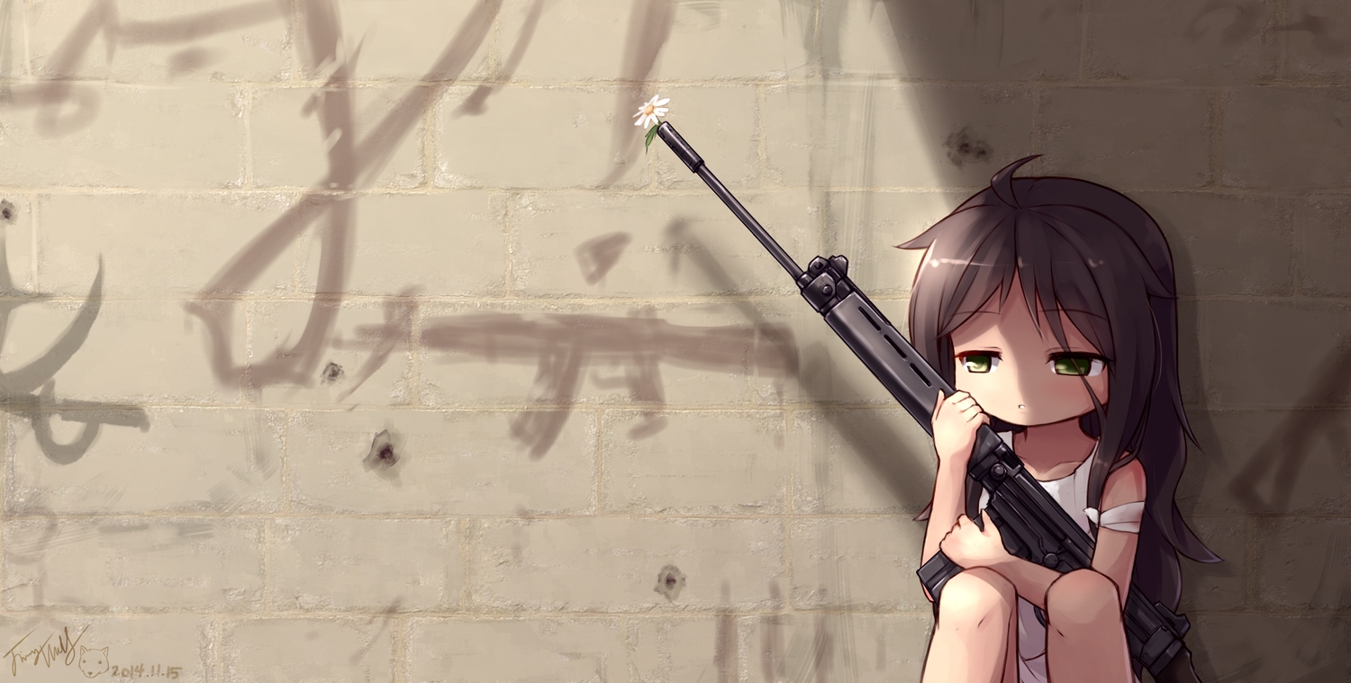 brown_hair, dress, flowers, graffiti, green_eyes, gun, langbazi, loli, long_hair, original, signed, weapon
