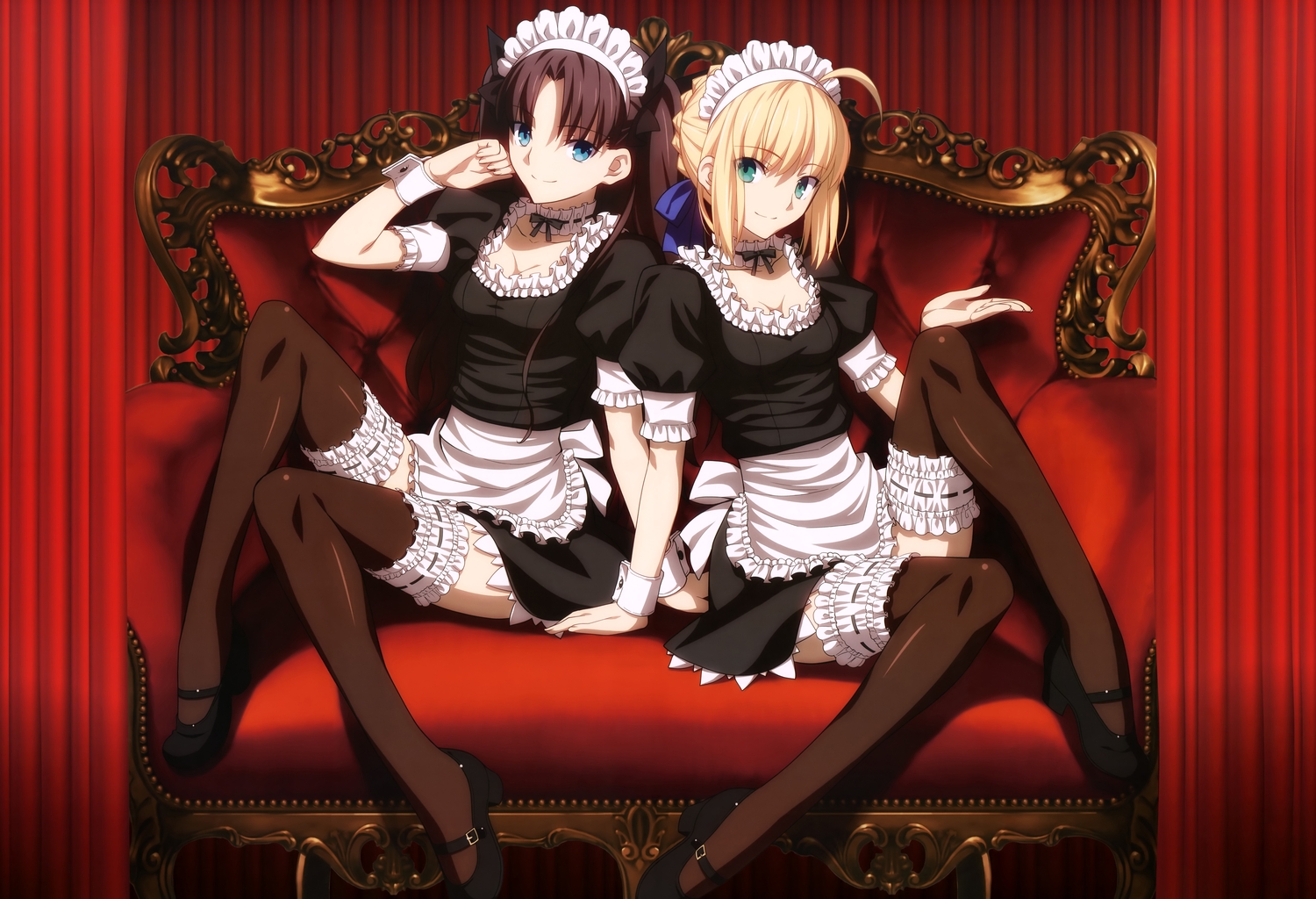 2girls, apron, artoria_pendragon_(all), black_hair, blonde_hair, blue_eyes, breasts, choker, cleavage, fate_(series), fate/stay_night, garter, green_eyes, headdress, jpeg_artifacts, maid, saber, scan, takeuchi_takashi, thighhighs, tohsaka_rin, wristwear