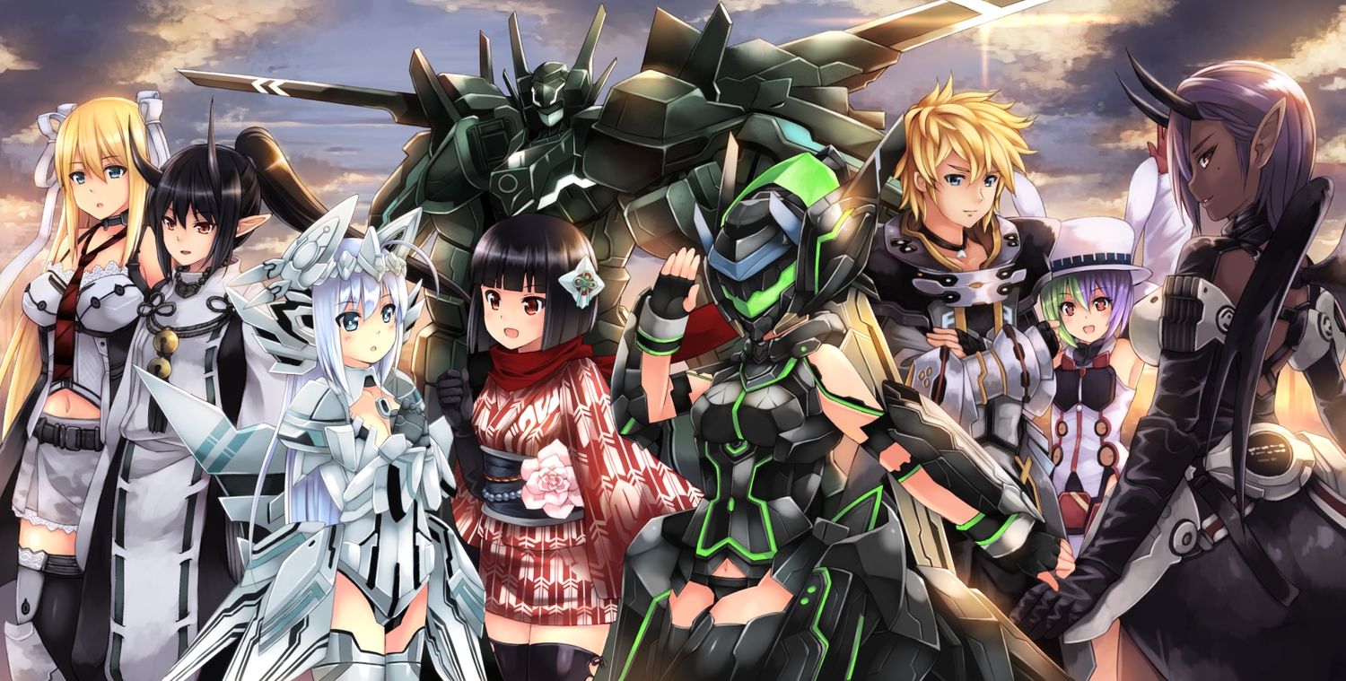 akemiho_tabi_nikki, black_hair, blonde_hair, fukube_tamaki, gloves, group, hat, horns