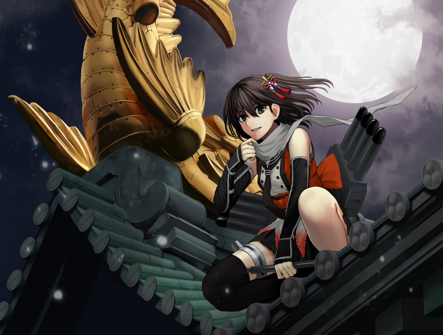 anthropomorphism, brown_hair, elbow_gloves, gloves, hinoyama_ena, kantai_collection, moon, ninja, scarf, sendai_(kancolle), short_hair, skirt, thighhighs, tie
