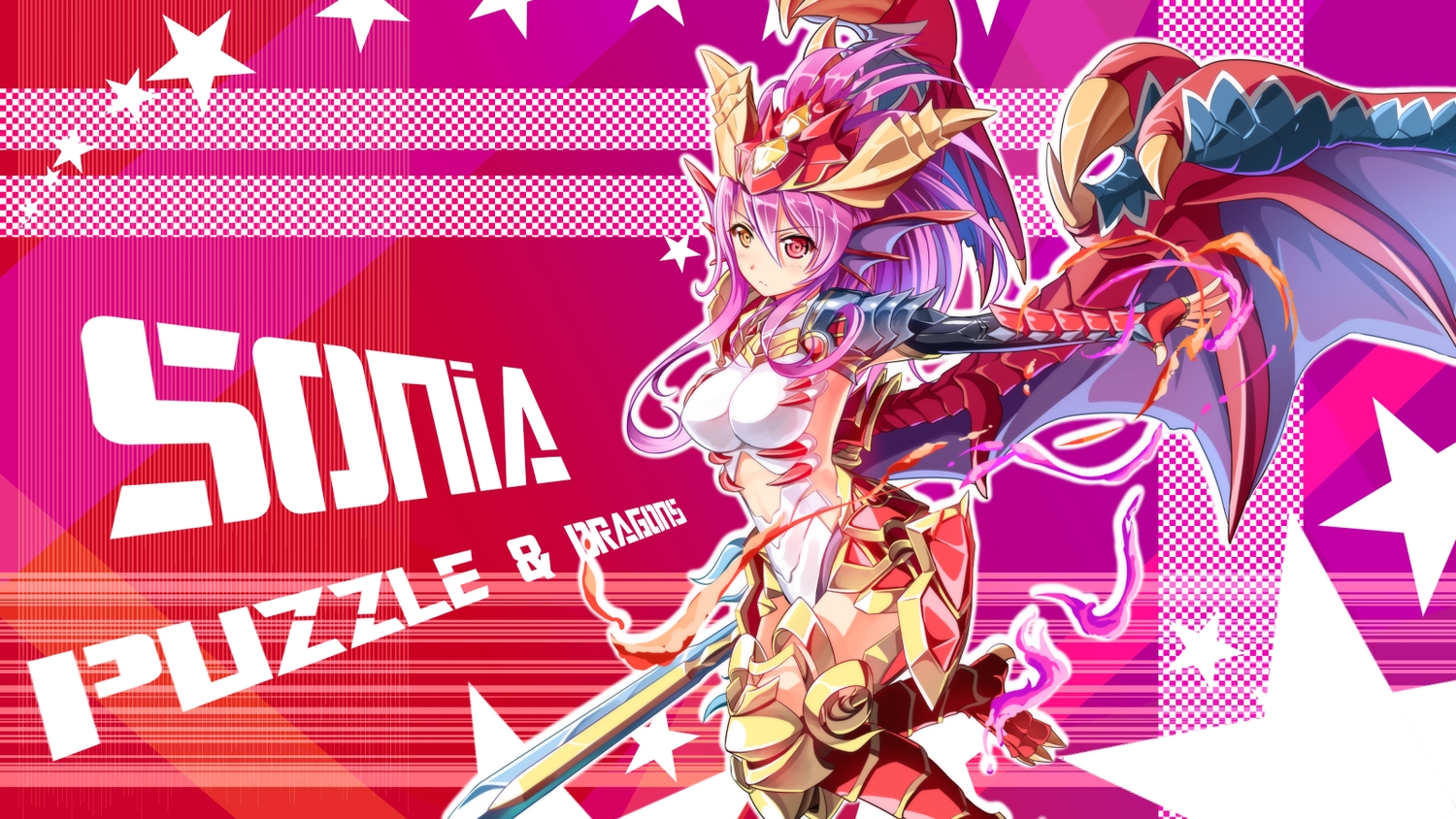 armor, arms_ai, bicolored_eyes, headdress, pink_hair, puzzle_&_dragons, sonia_(p&d), sword, weapon, wings