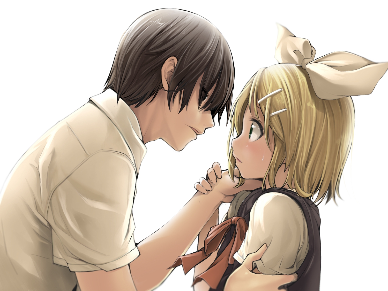 black_eyes, black_hair, blonde_hair, green_eyes, headband, kagamine_rin, kintarou_(kintarou's_room), male, school_uniform, short_hair, vocaloid