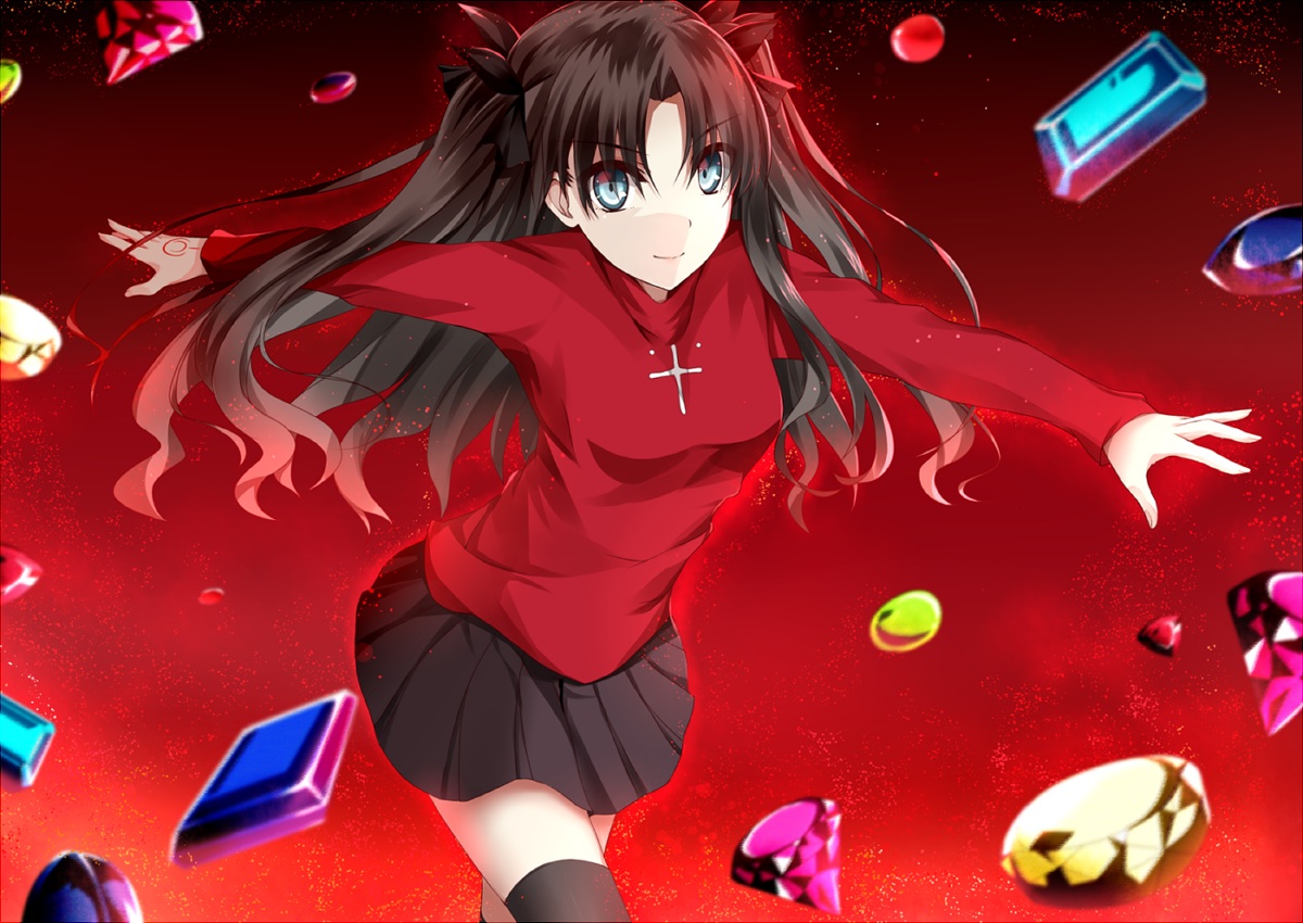 black_hair, blue_eyes, clock_(clockart), fate_(series), fate/stay_night, long_hair, red, skirt, thighhighs, tohsaka_rin, twintails