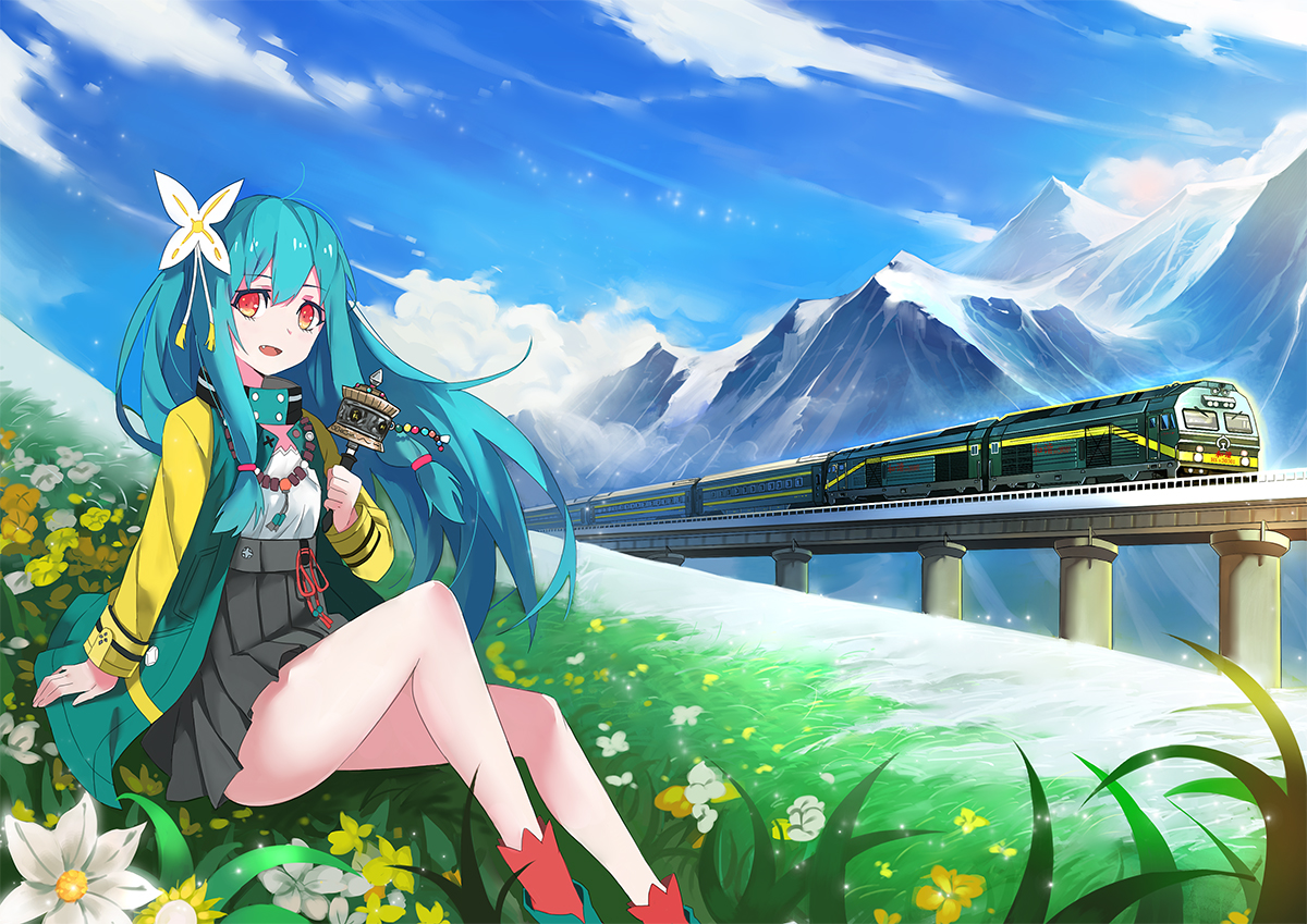 aqua_hair, clouds, flowers, long_hair, orange_eyes, original, skirt, socks