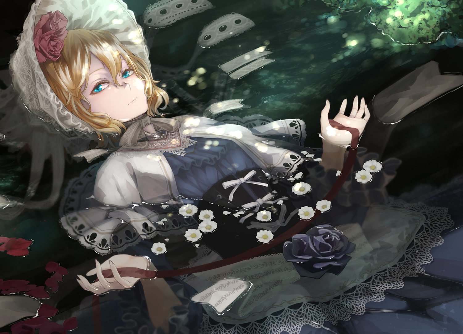 alice_margatroid, dress, flowers, gothic, hat, kumonji_aruto, petals, ribbons