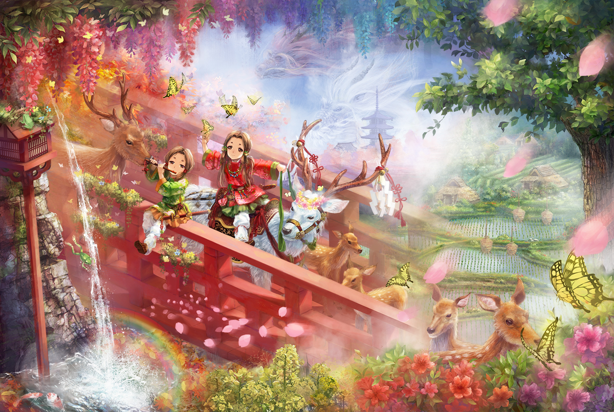 2girls, animal, bell, brown_hair, building, butterfly, dragon, fish