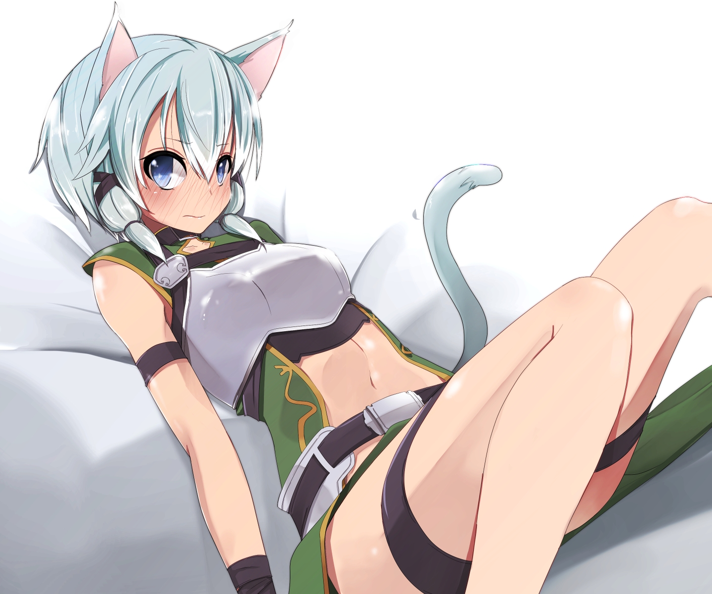 animal_ears, blue_eyes, blue_hair, blush, catgirl, gun_gale_online, navel, pon_(shind_997), shinon_(sao), short_hair, sword_art_online, tail