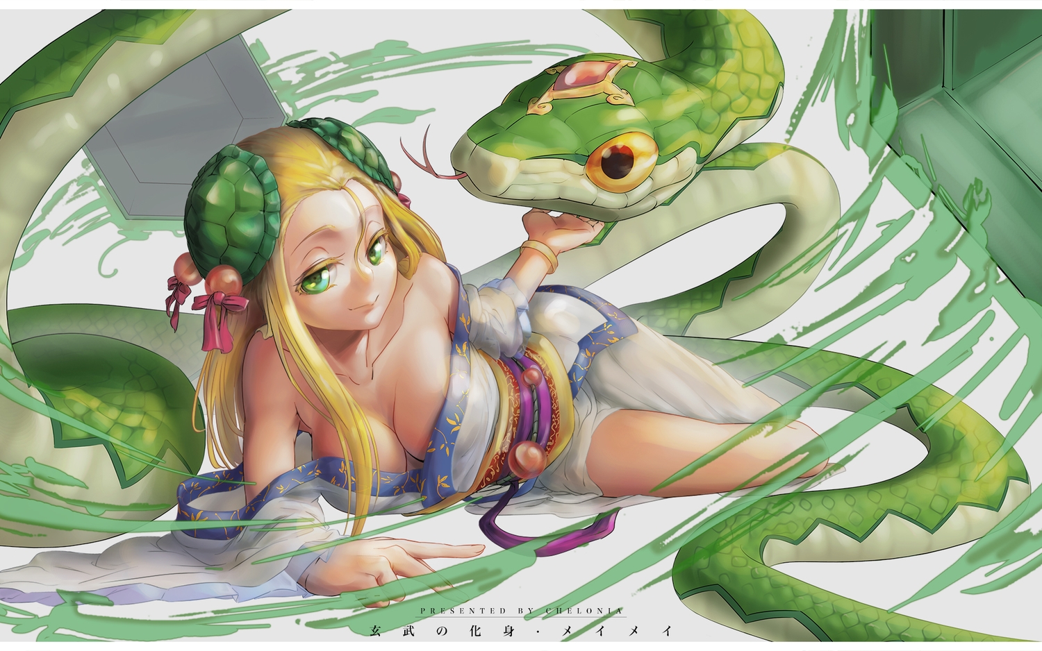 animal, blonde_hair, breasts, chelonia, cleavage, green_eyes, headdress, japanese_clothes