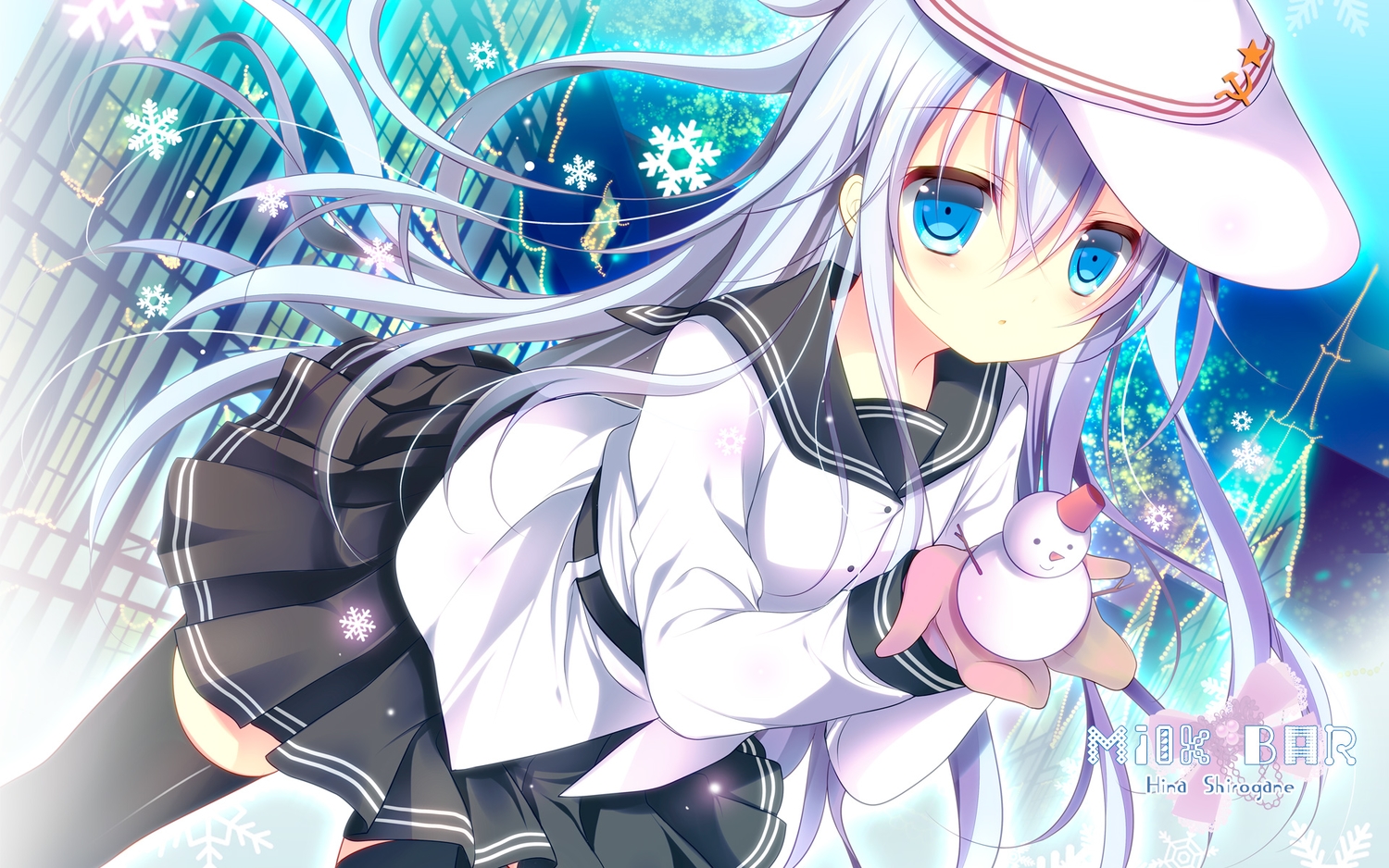 anthropomorphism, aqua_eyes, hat, hibiki_(kancolle), kantai_collection, long_hair, school_uniform, shirogane_hina, skirt, snow, snowman, thighhighs, verniy_(kancolle), watermark, white_hair