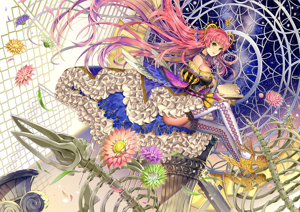 bones, book, breasts, choker, dress, ells, flowers, green_eyes, long_hair, original, pink_hair, thighhighs