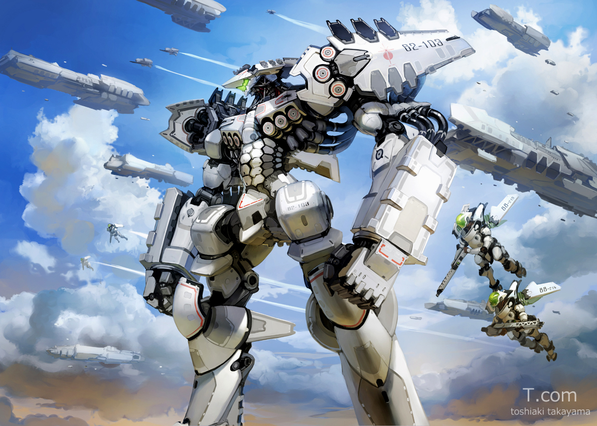 aircraft, clouds, mecha, original, takayama_toshiaki, watermark